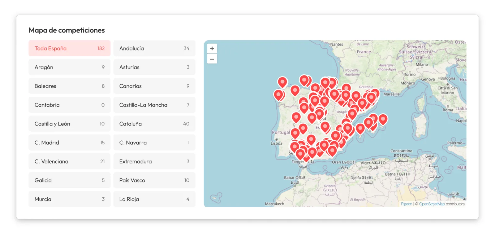 Mapa de España con el número de competiciones por comunidad autónoma