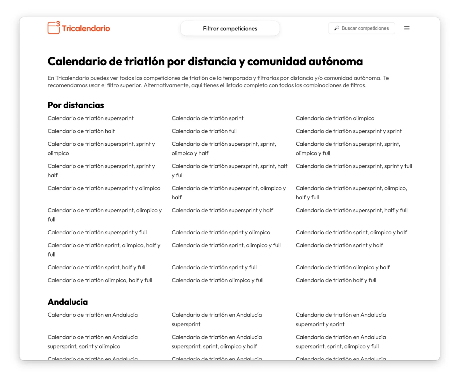 Página Todos los calendarios con las combinaciones de comunidad y distancia